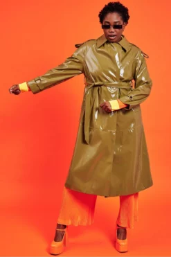 JAYLEY Green Maxi Eco Leather Trench Coat
