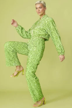 JAYLEY Green Sequin Trousers With Elasticated Waste