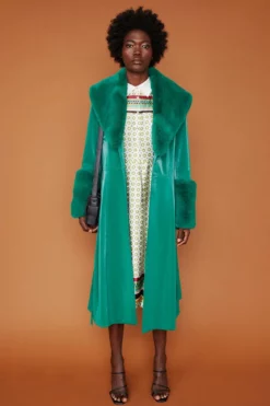 JAYLEY Green Trench Style Belted Coat With Faux Fur Cuffs And Collar