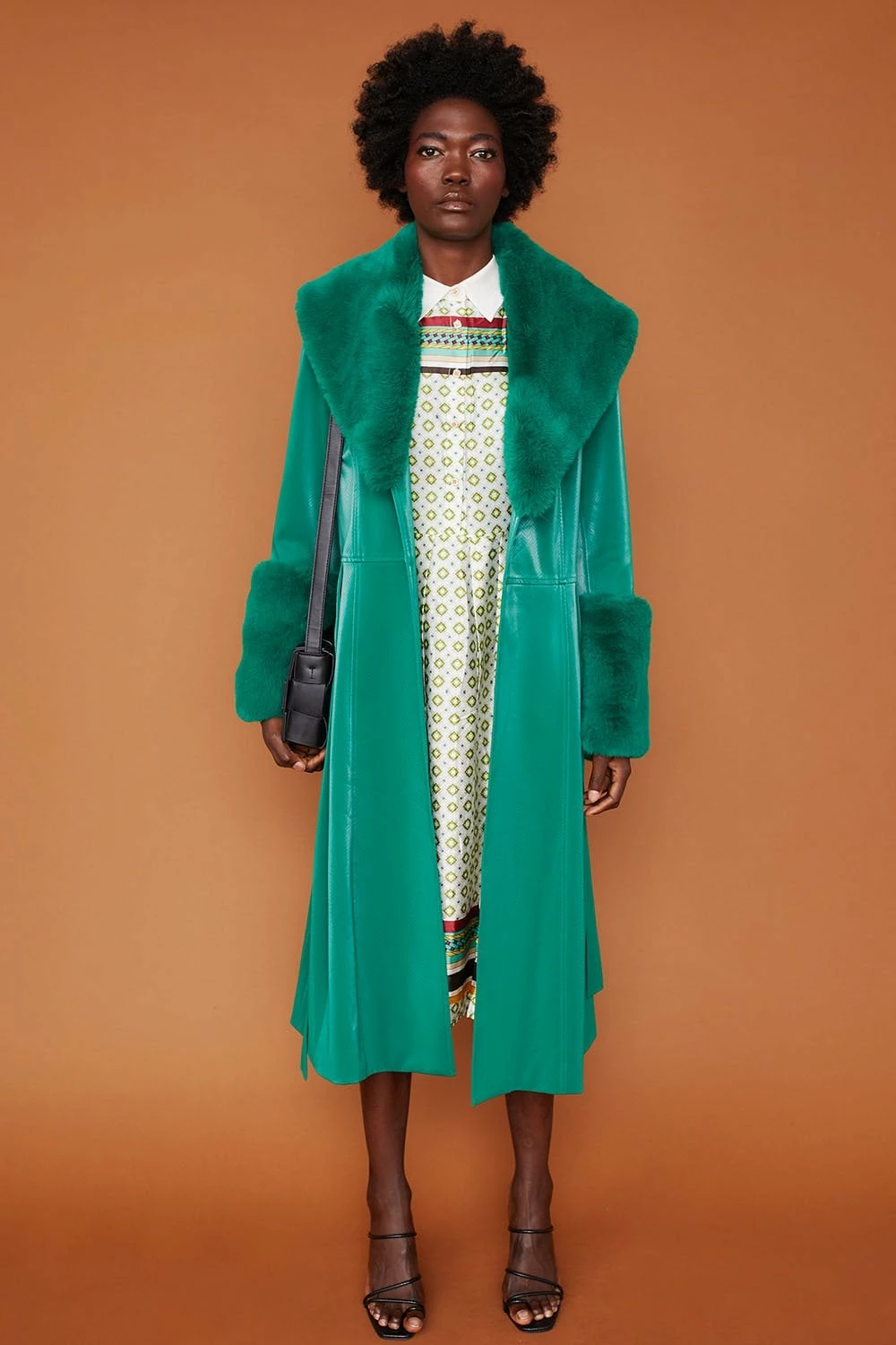JAYLEY Green Trench Style Belted Coat With Faux Fur Cuffs And Collar