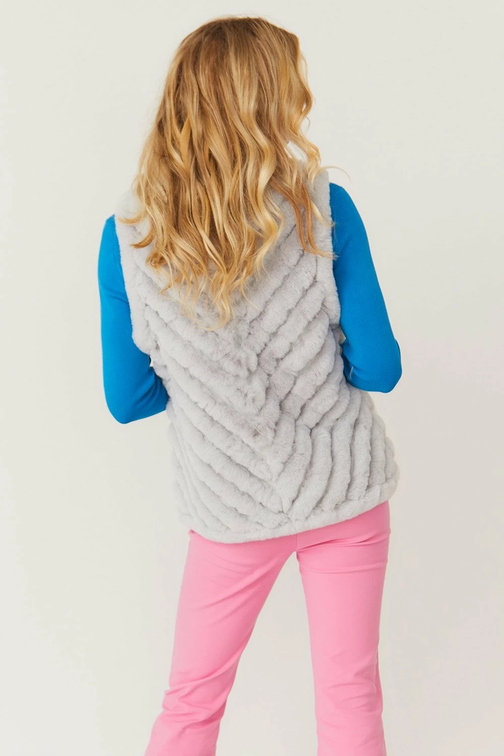 JAYLEY Grey Faux Fur Faux Suede Diagonal Stripe Gilet - Image 5