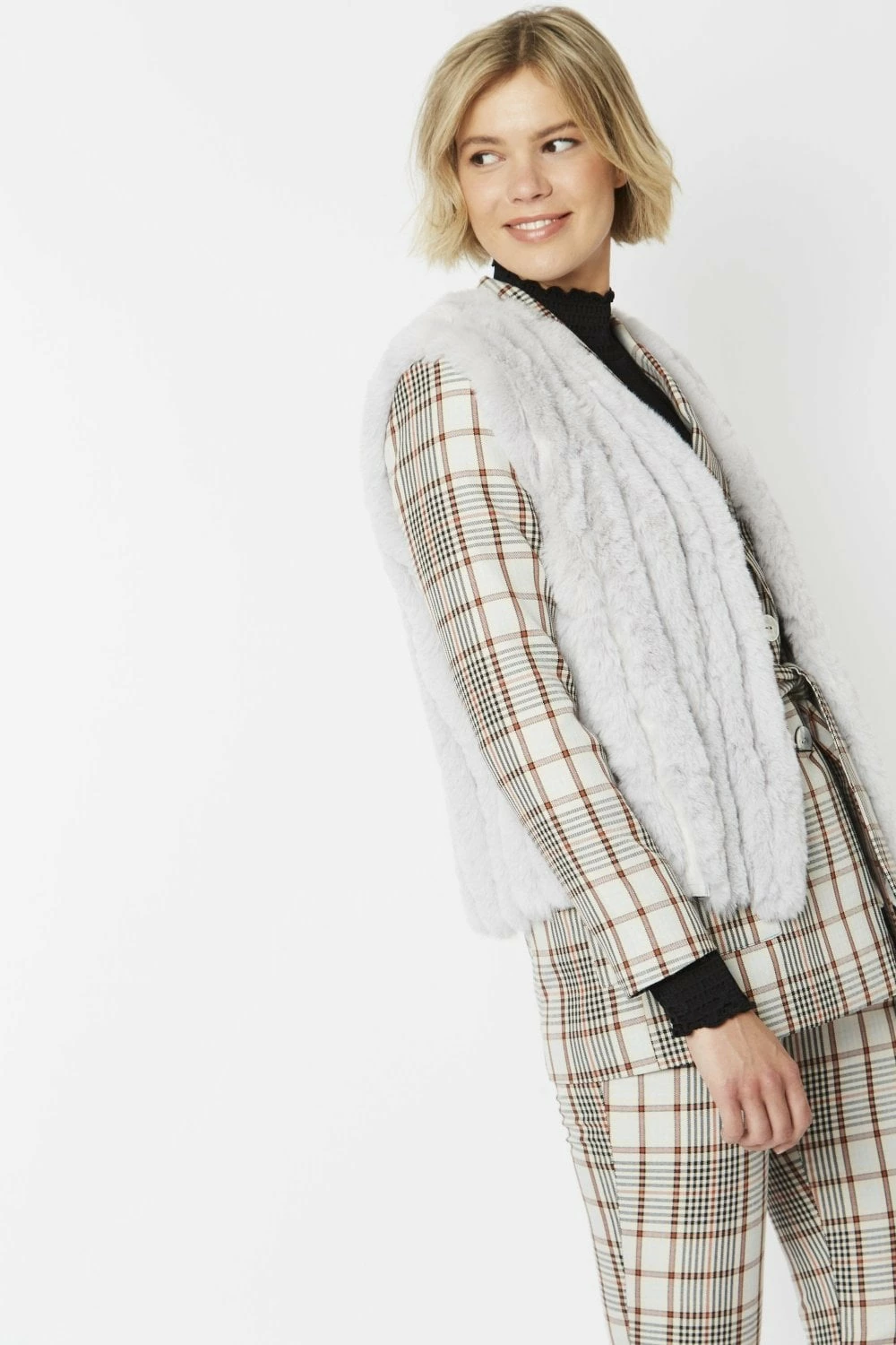 JAYLEY Grey Faux Fur Faux Suede Vertical Stripe Gilet