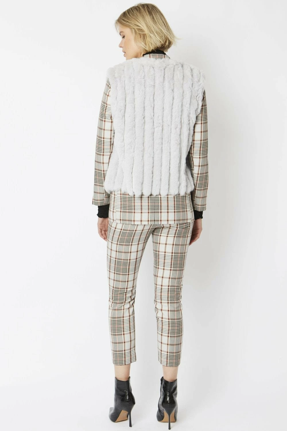 JAYLEY Grey Faux Fur Faux Suede Vertical Stripe Gilet - Image 3