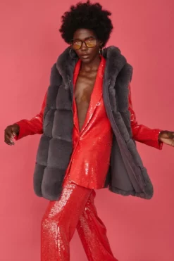 JAYLEY Grey Faux Fur Long Hooded Gilet