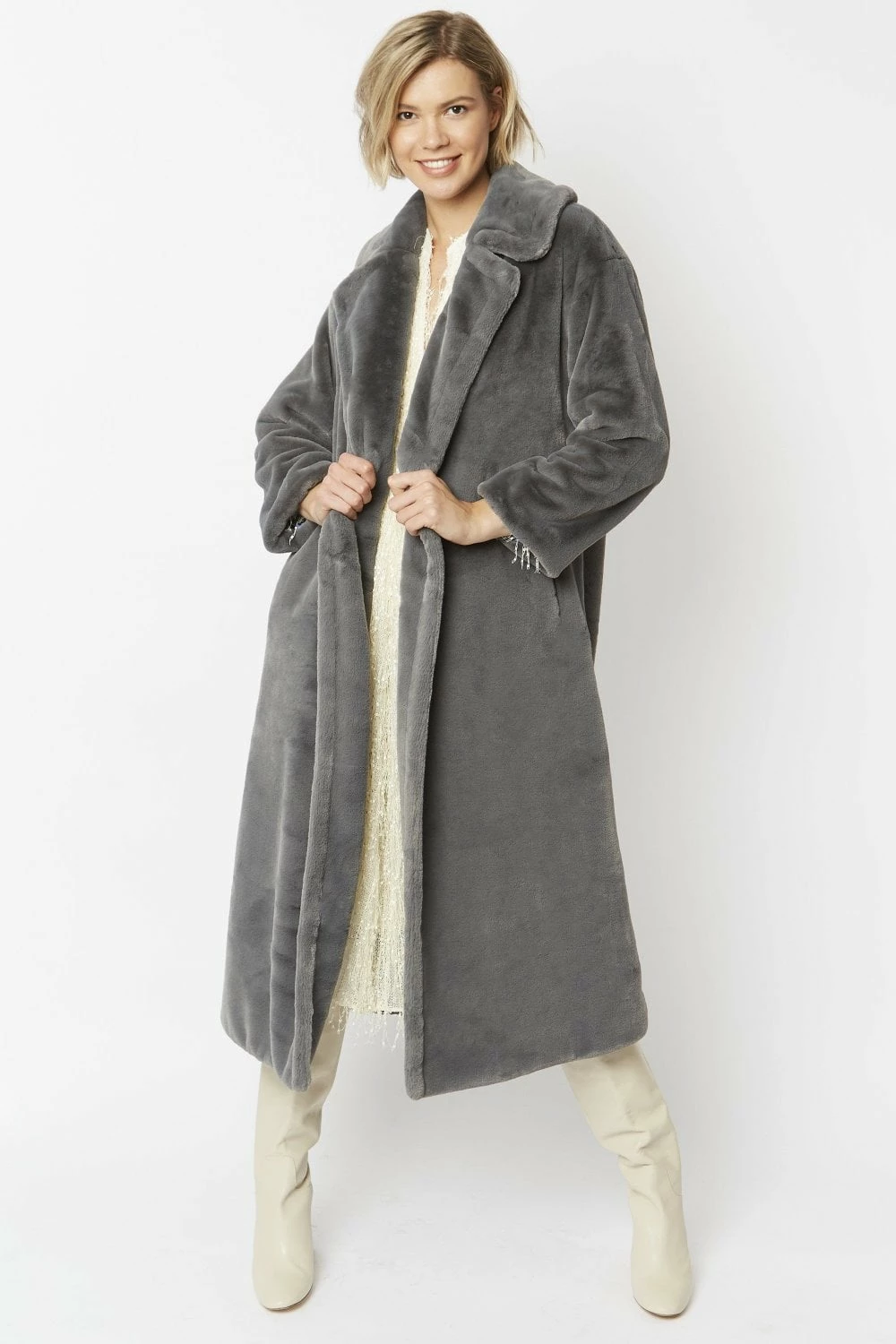 JAYLEY Grey Faux Fur Maxi Coat