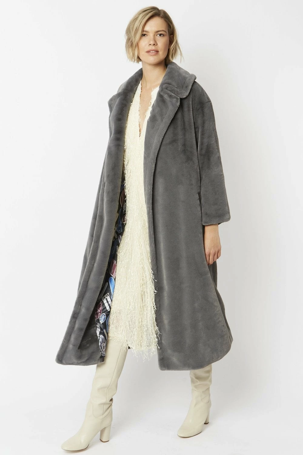 JAYLEY Grey Faux Fur Maxi Coat - Image 3