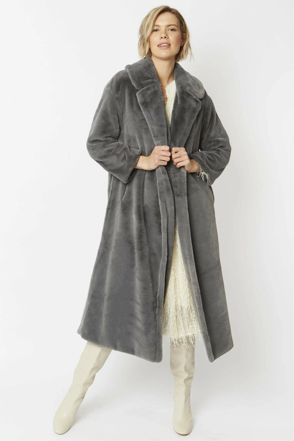 JAYLEY Grey Faux Fur Maxi Coat - Image 5