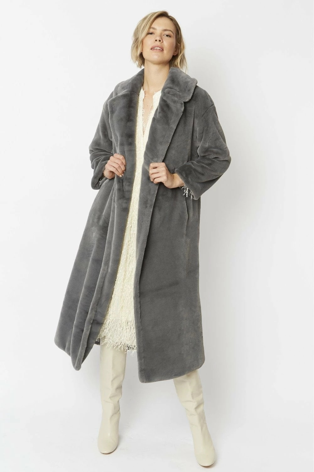 JAYLEY Grey Faux Fur Maxi Coat - Image 6