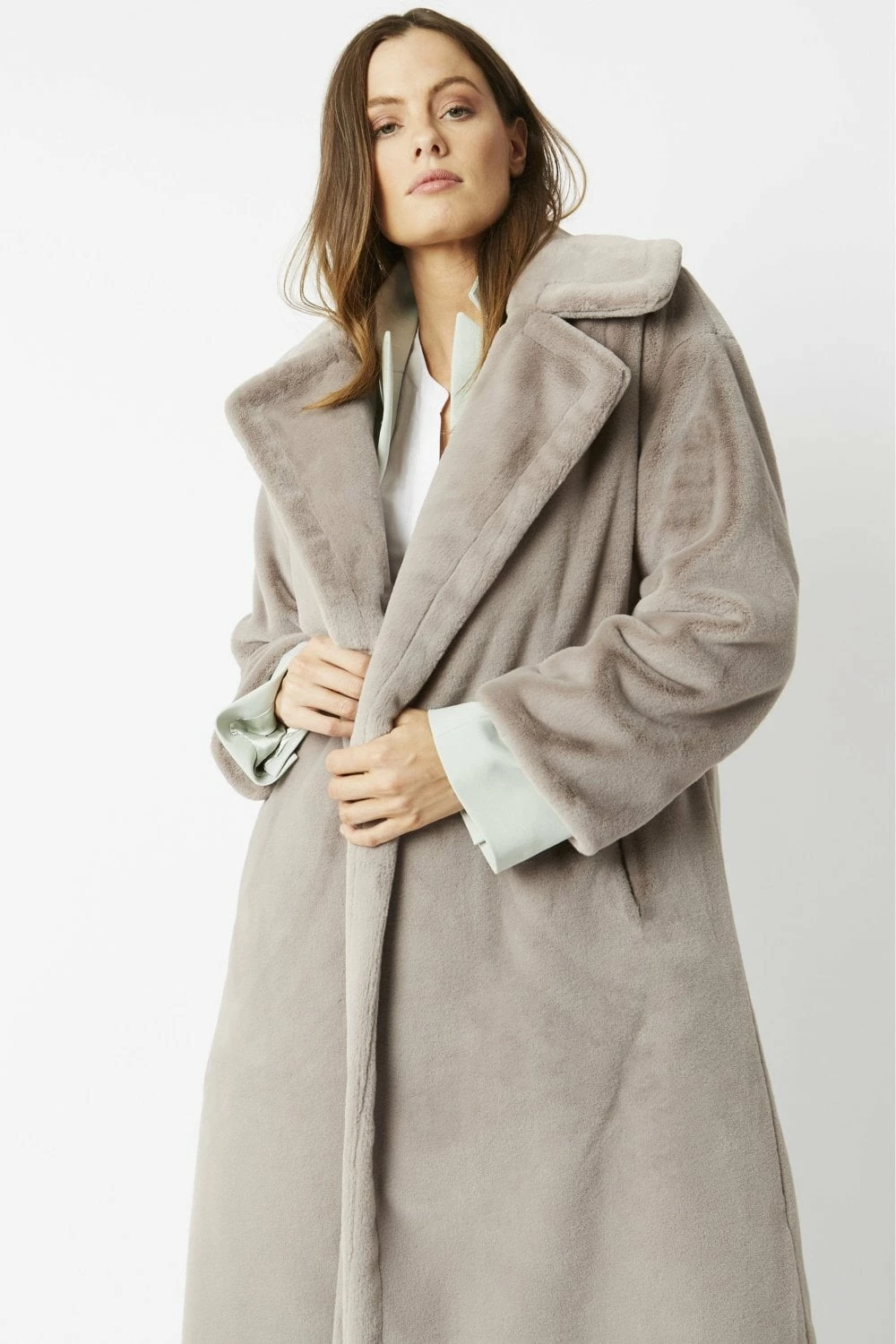 JAYLEY Grey Faux Fur Midi Shaved Shearling Coat