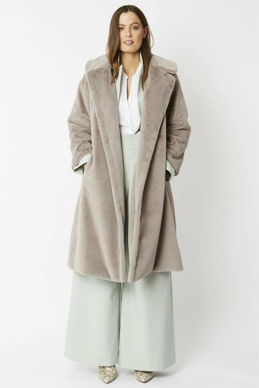 JAYLEY Grey Faux Fur Midi Shaved Shearling Coat - Image 3