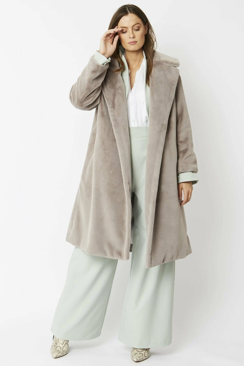 JAYLEY Grey Faux Fur Midi Shaved Shearling Coat - Image 4