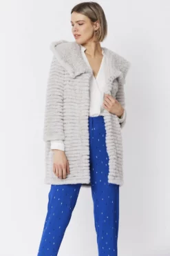 JAYLEY Grey Faux Mink Fur Hooded Coat