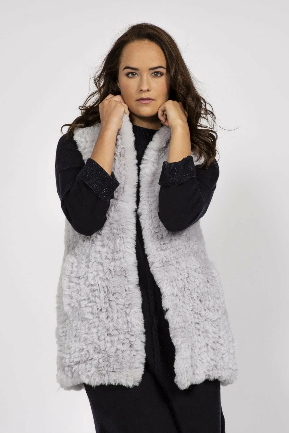 JAYLEY Grey Hand Knitted Faux Fur Gilet