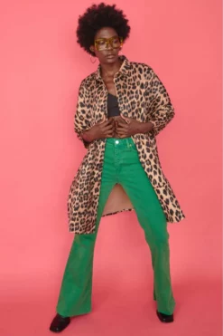 JAYLEY Leopard Print Faux Suede Leopard Print Trench Style Jacket