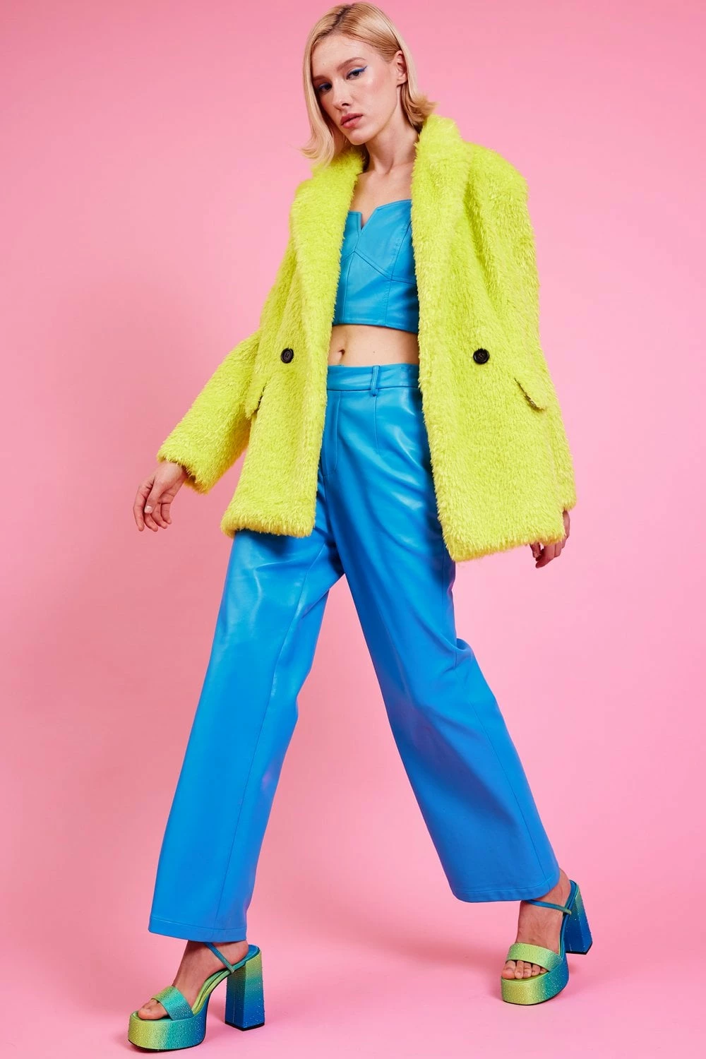JAYLEY Lime Green Faux Fur Shearling Midi Pea Coat