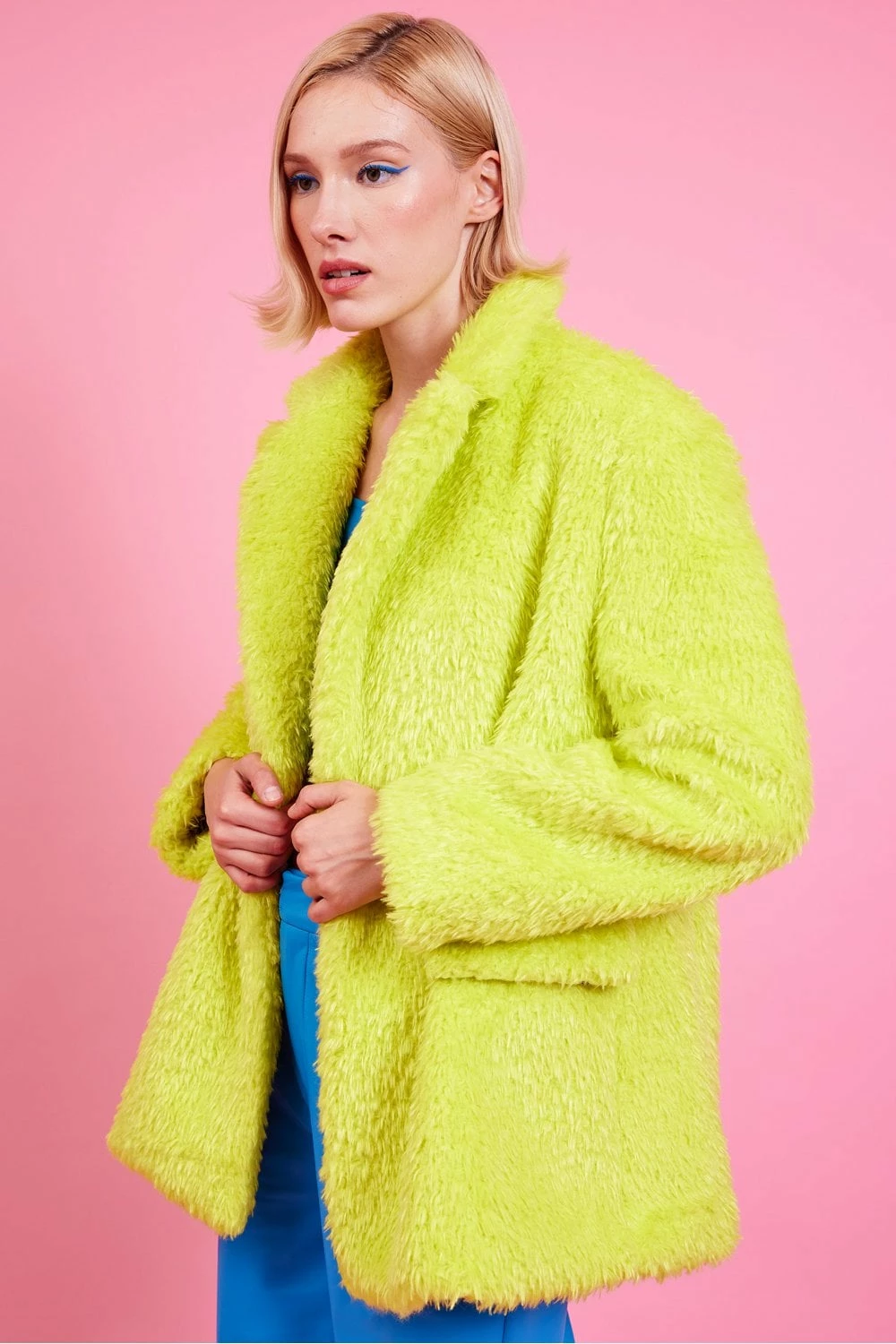 JAYLEY Lime Green Faux Fur Shearling Midi Pea Coat - Image 2