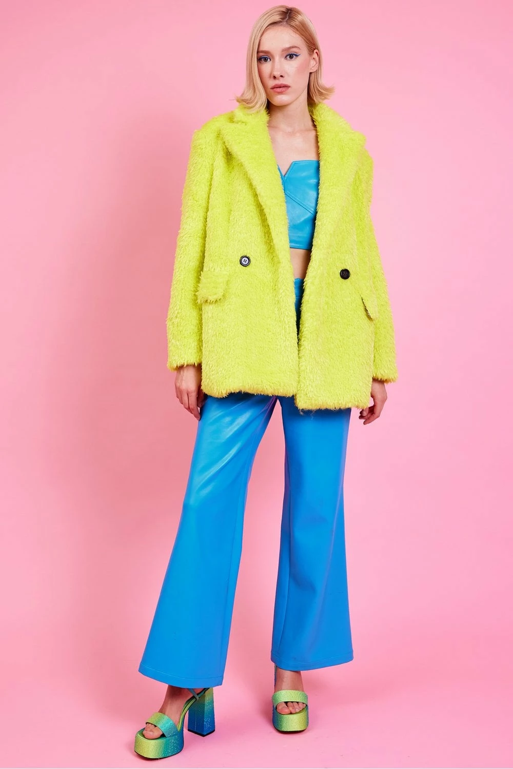JAYLEY Lime Green Faux Fur Shearling Midi Pea Coat - Image 4