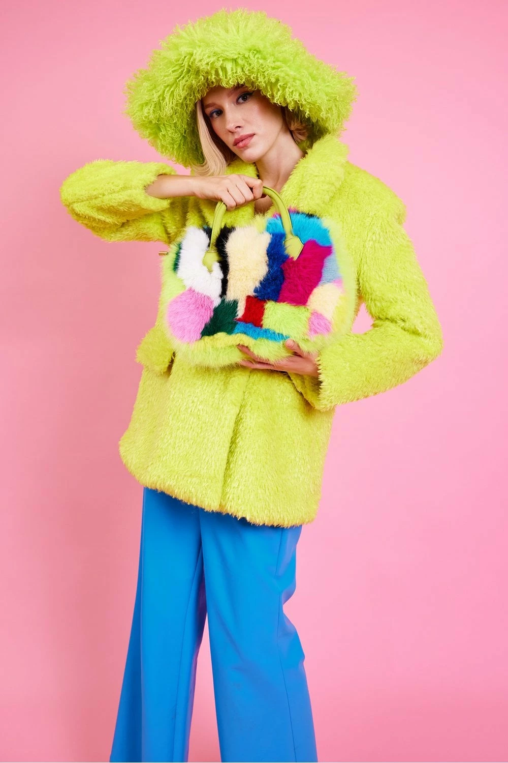 JAYLEY Lime Green Faux Fur Shearling Midi Pea Coat - Image 5