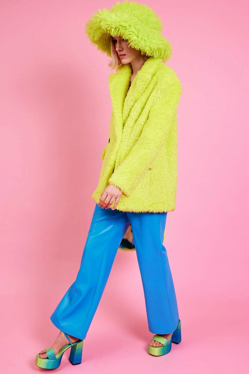 JAYLEY Lime Green Faux Fur Shearling Midi Pea Coat - Image 6