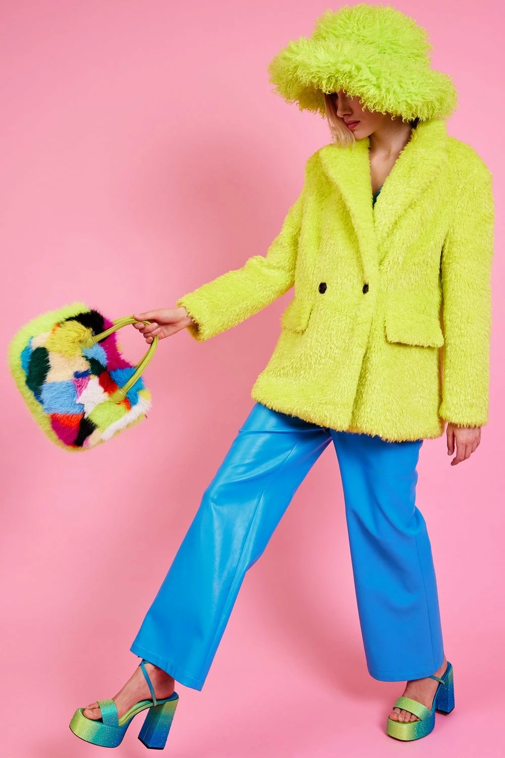 JAYLEY Lime Green Faux Fur Shearling Midi Pea Coat - Image 7