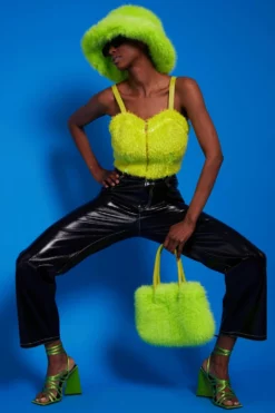 JAYLEY Lime Green Faux Fur Zip Crop Top