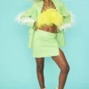 JAYLEY Lime Green Faux Leather Blazer With Feather Details
