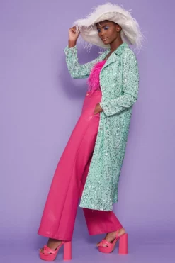 JAYLEY Mint Sequin Velvet Trench Coat