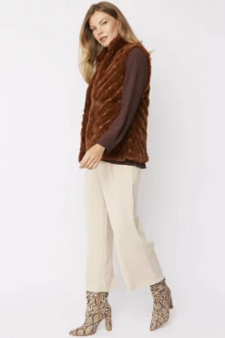 JAYLEY Mocha Faux Fur Faux Suede Diagonal Stripe Gilet