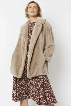 JAYLEY Mocha Faux Fur Midi Coat