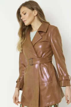 JAYLEY Mocha Metallic Faux Suede Trench Coat
