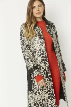 JAYLEY Mono Leopard Faux Suede Snakeskin Effect Animal Print Coat