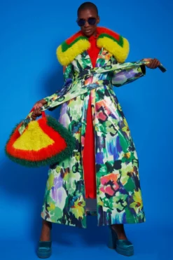 JAYLEY Multi Coloured Floral Trench Coat With Oversized Faux Fur Collar