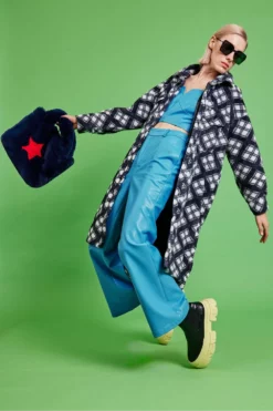 JAYLEY Navy Check Faux Shearling Coat