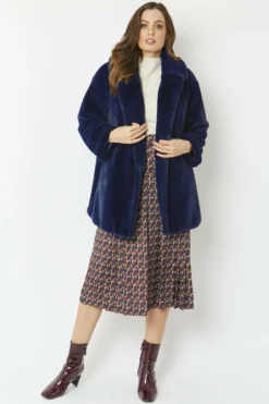 JAYLEY Navy Faux Fur Midi Coat