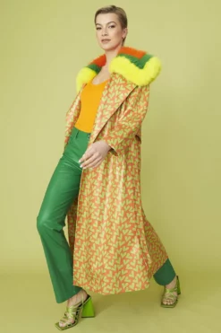 JAYLEY Orange And Green Love Heart Trench Coat With Oversized Faux Fur Collar