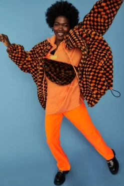 JAYLEY Orange Oversized Checkered Zip Coat
