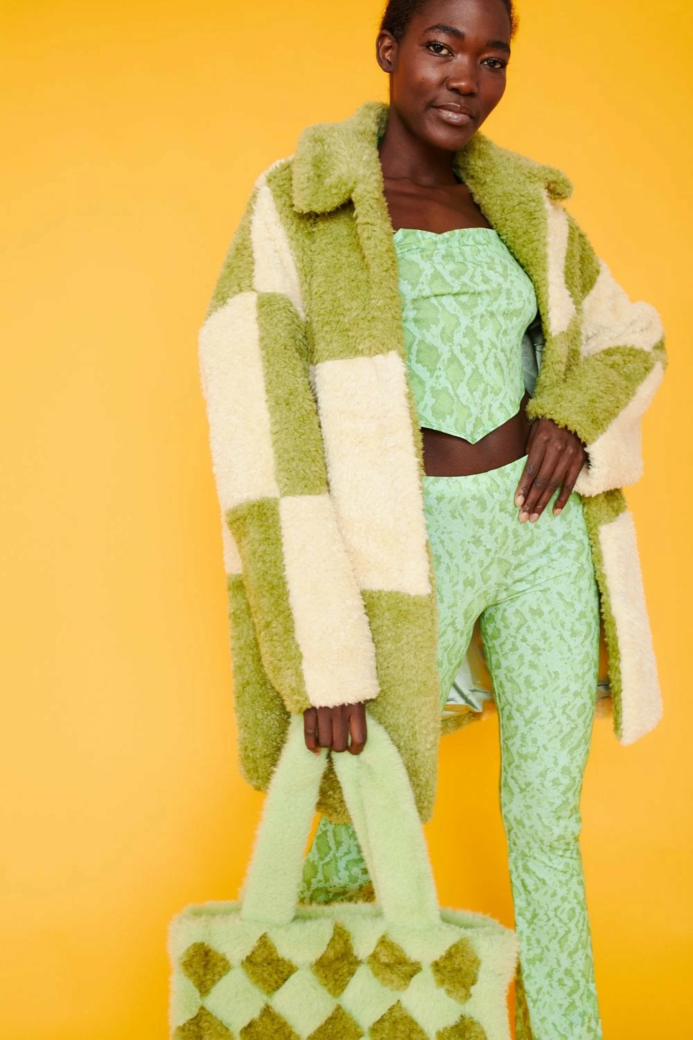 JAYLEY Oversized Green And Cream Checkered Coat - Image 2