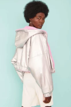 JAYLEY Pink And Metallic Silver Faux Shearling Reversible Hooded Jacket