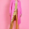 JAYLEY Pink Eco Leather Trench Coat With Faux Fur Collar