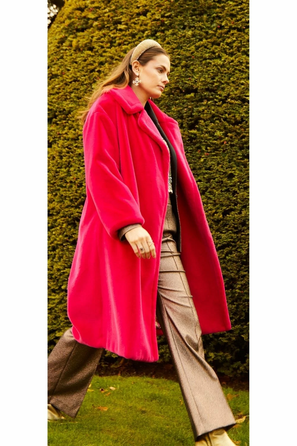 JAYLEY Pink Faux Fur Midi Shaved Shearling Coat - Image 6