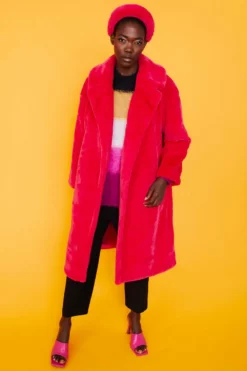 JAYLEY Pink Faux Fur Midi Shaved Shearling Coat