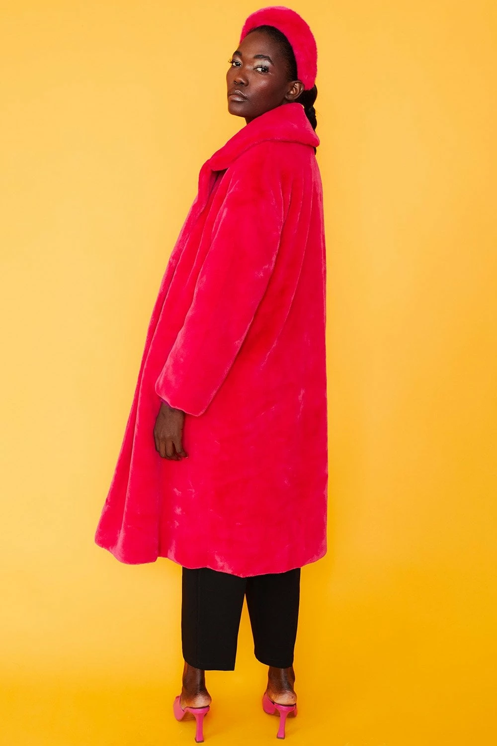 JAYLEY Pink Faux Fur Midi Shaved Shearling Coat - Image 3