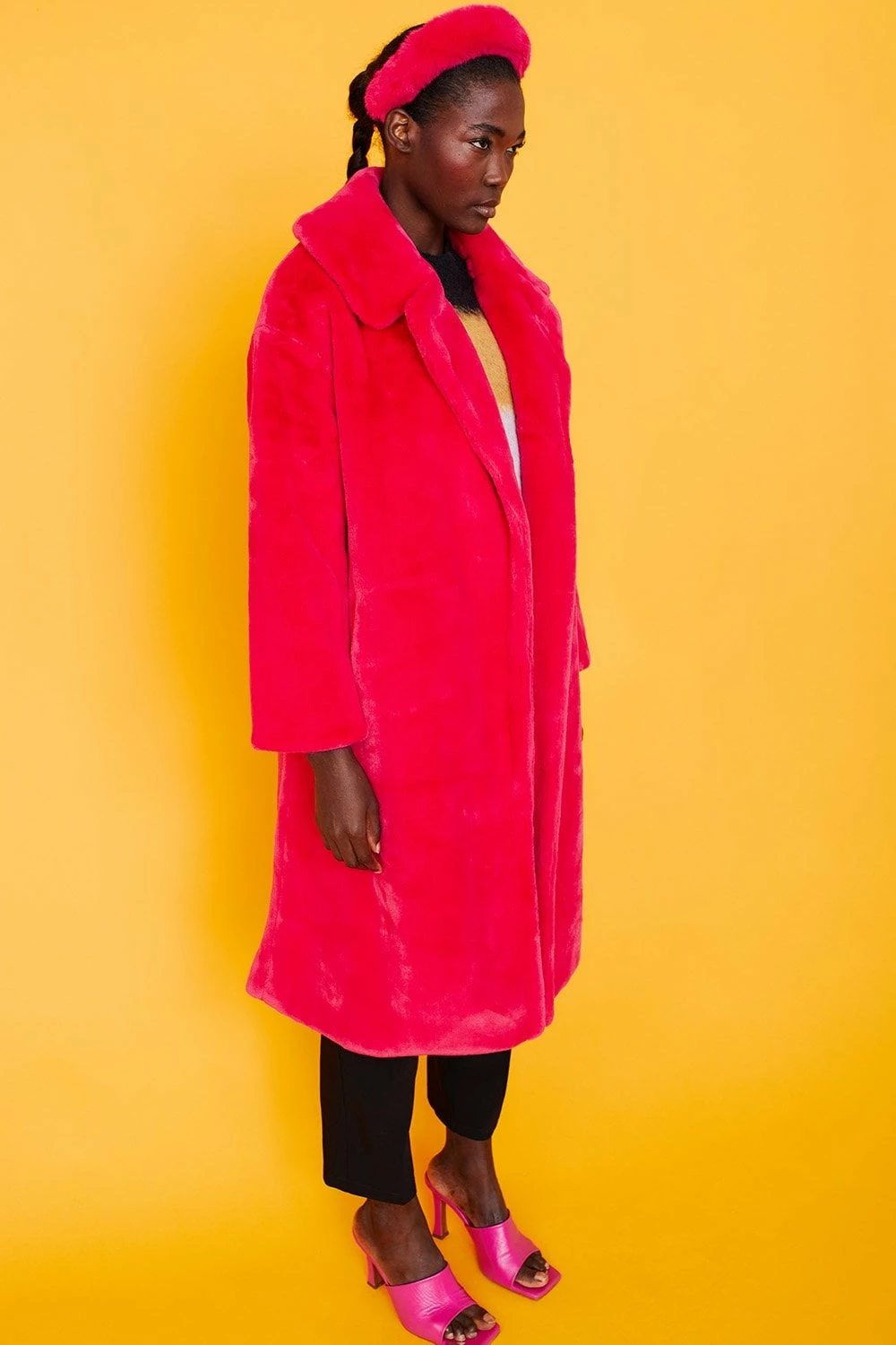 JAYLEY Pink Faux Fur Midi Shaved Shearling Coat - Image 4