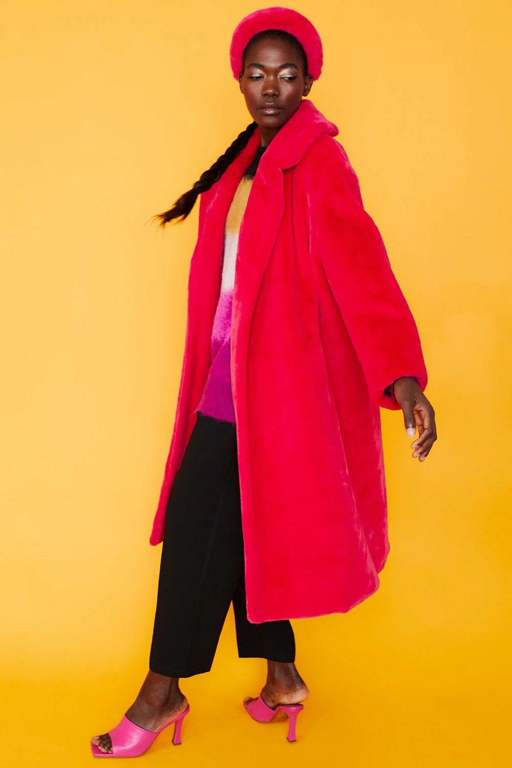 JAYLEY Pink Faux Fur Midi Shaved Shearling Coat - Image 5