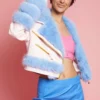 JAYLEY Pink Faux Leather With Blue Faux Fur Biker Jacket