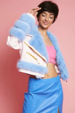 JAYLEY Pink Faux Leather With Blue Faux Fur Biker Jacket