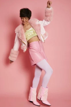 JAYLEY Pink Faux Leather With Pink Faux Fur Biker Jacket