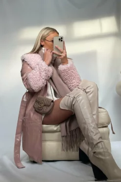 JAYLEY Pink Faux Suede Aurora Coat With Faux Shearling Cuff & Collar