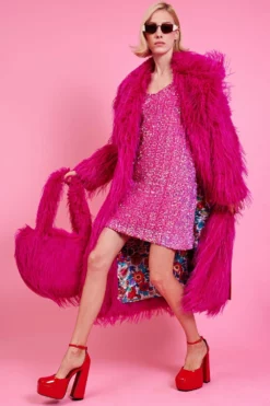 JAYLEY Pink Hand Cut Mongolian Fur Knitted Jacket