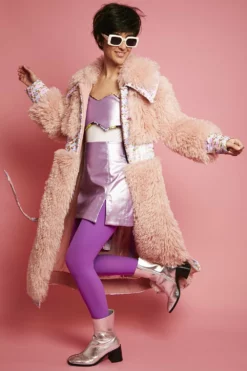 JAYLEY Pink Knitted Bamboo And Eco Leather Shearling Coat